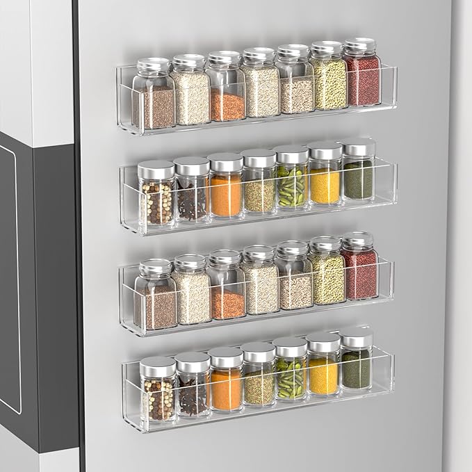 PMMASTO Adhesive Acrylic Spice Rack Organizer for Wall with 2 Nano Double Sided Tape, Spice Shelf Organization for Kitchen Cabinet Door/Pantry Door, Wall Mount Seasoning Rack (Clear-4 Pack)