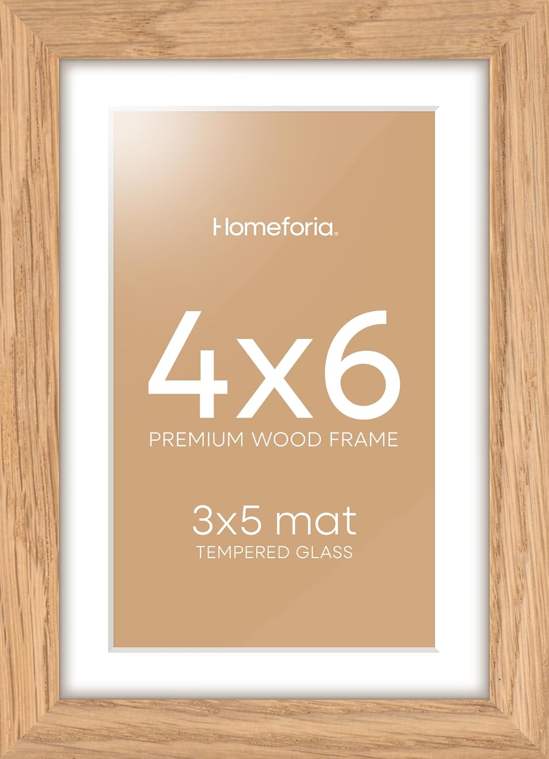Homeforia 4x6 Picture Frame Wood, High End Natural Oak 4x6 Light Wooden Frames with Mat 3x5 for Photo, 4 x 6 Frame Matted to 3 x 5 Print, 6x4 Wall or Tabletop Frame, Tempered Glass, Wall Kit, Set of 1