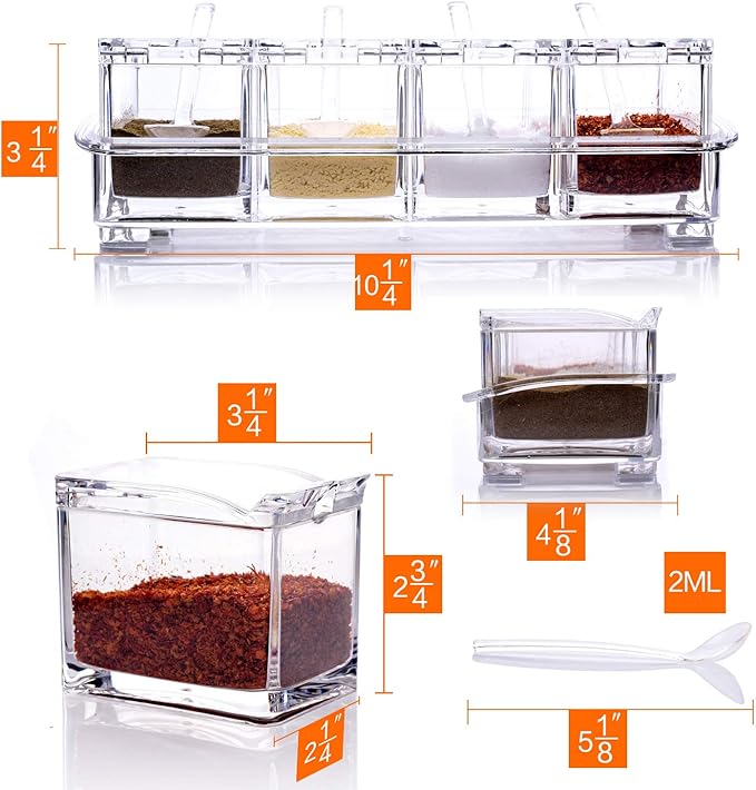 ME.FAN Clear Seasoning Rack Spice Pots - 4 Piece Acrylic Seasoning Box - Storage Container Condiment Jars - Cruet with Cover and Spoon