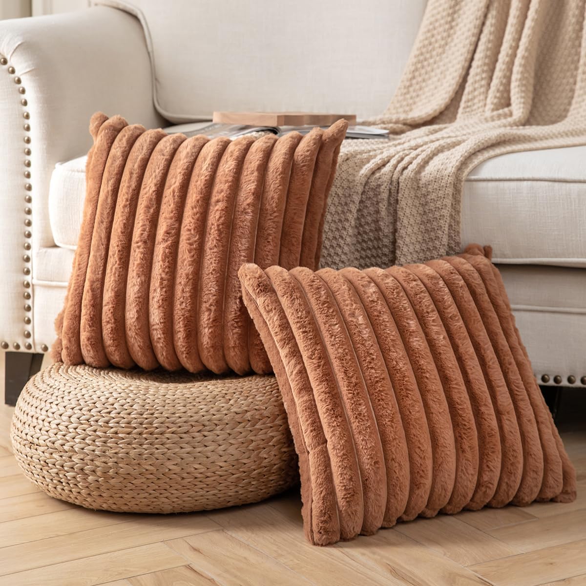 DEELAND Pack of 2,Double-Sided Faux Fur Plush Decorative Throw Pillow Covers Fuzzy Striped Soft Pillowcase Cushion Covers for Sofa Couch Bedroom Brown 16x16 inch