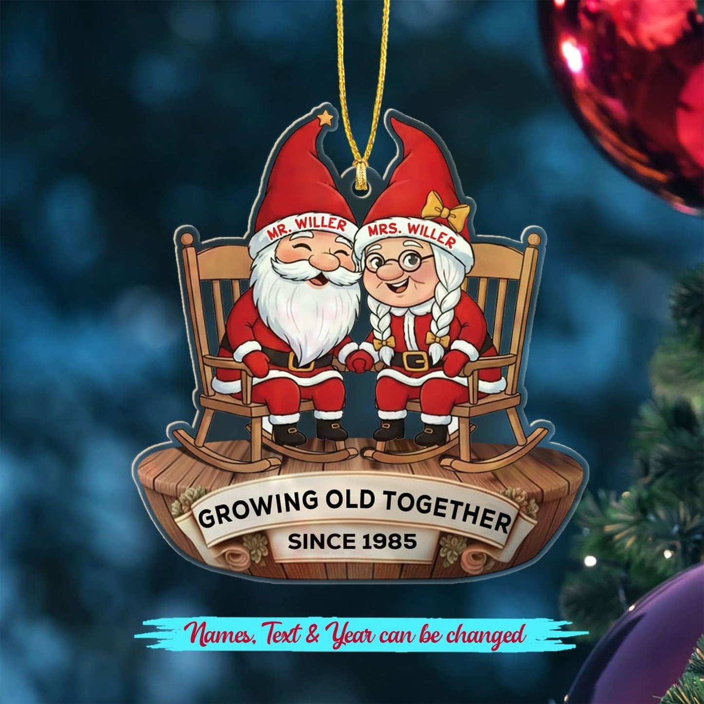 Customized Old Couple Gnome Sitting On Rocking Chairs Growing Old Together Christmas Ornament 2025, Personalized Text Shaped Xmas Ornament Gift for Mr Mrs Dad Mom/Grandparents, Anniversary Ornaments