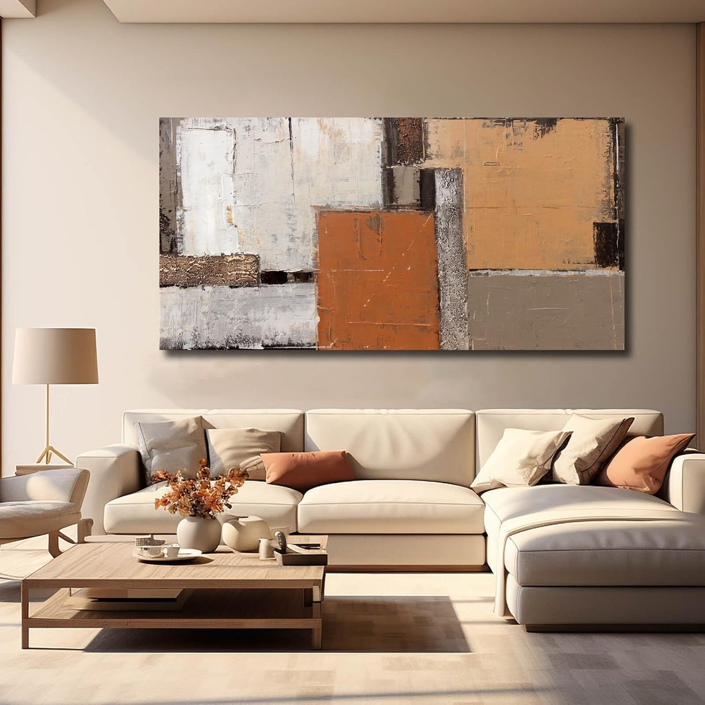 Orange Abstract Canvas Photo Prints Living Room White Artwork Brown Block Painting for Room 29"x 58" Office Wall Art Bedroom Hallway Decor
