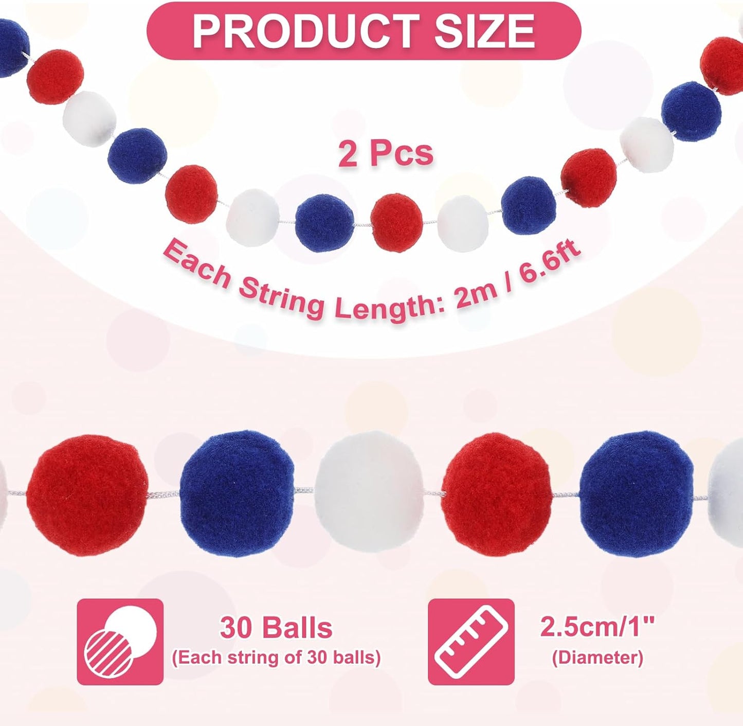 PATIKIL 13Ft Pom Pom Garland Decorations, 2Pcs Colorful Felt Ball Garland Banner Cute Rainbow Pompom Hanging Decorations for Tree Ornaments Homes Decor, Red/White/Blue