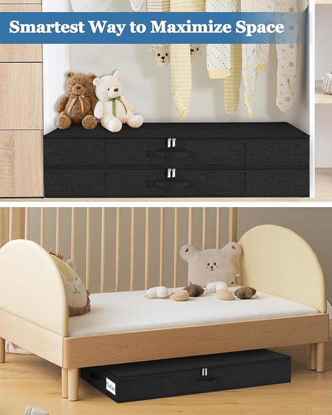 Cirhy Under Bed Storage Containers, 4.5 Inch Tall Low Profile Under Bed Storage with Sturdy Sidewalls & Bottom, UnderBed Storage for Clothes,Shoes, Pillow, Blankets Organizer, 2 Pack Black