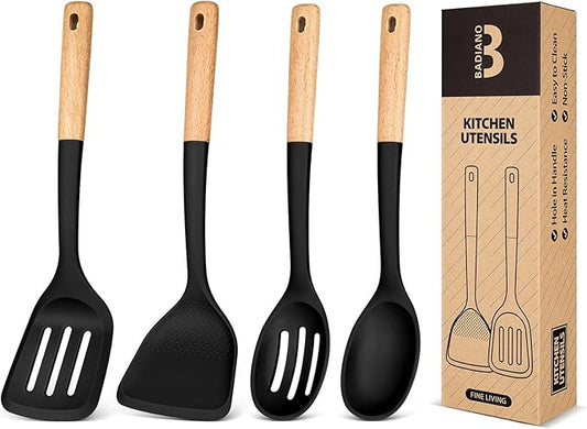 Silicone Cooking Utensils Set, Perfectly Angled for Frying, Mixing,Serving,Draining,Turning and Stirring, BPA-Free Matte Silicone, Wood Handles, Safe for Nonstick Cooking Surfaces,4 Pack (Black)