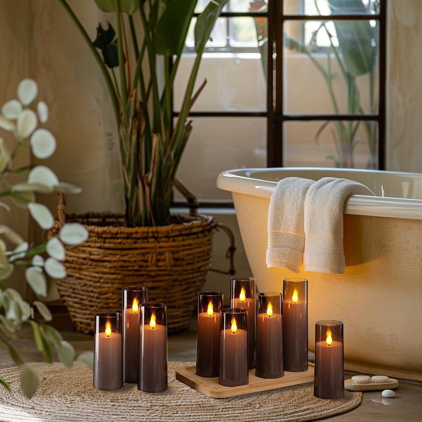 Amagic Grey Flameless Candles 9 Set, Battery Operated Candles with Remote Control and Timer, Flickering LED Pillar Candles for Home Halloween Decor, 3D Wick, Warm Yellow Light, D2.2 xH5 6" 7"