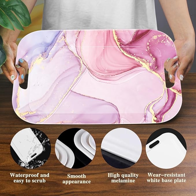 Serving Trays with Handles, 14.5 x 9.8 inch Rectangular Plastic Tray for Restaurant, Kitchen, Painting of Pink and Gold Marble