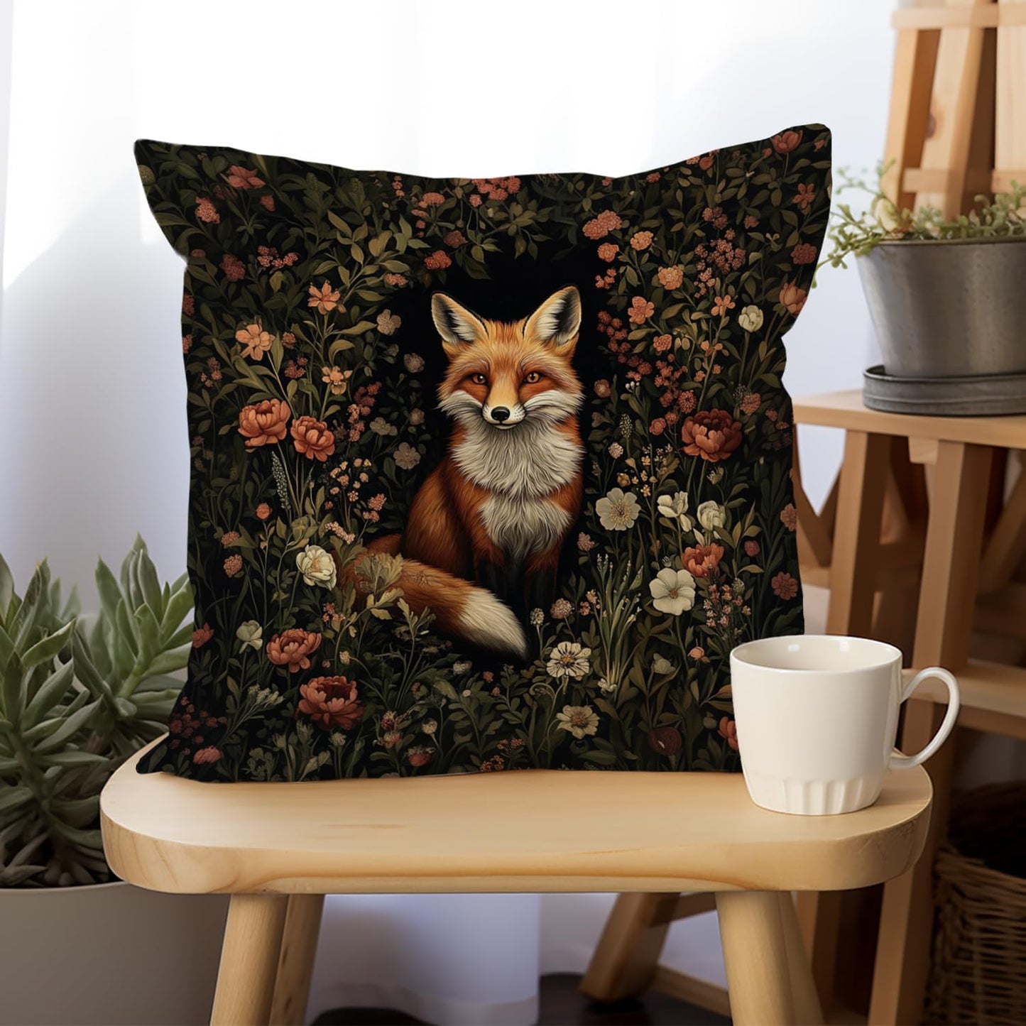 William Morris Abstract Vintage Floral Velvet Butterfly Design Throw Pillow Covers Home Decor, Retro Art Deco Pillowcase Cushion Cover for Bed Sofa Living Room, Square 18x18inch (Orange-Fox2)