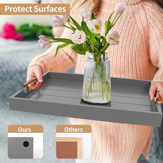 Coffee Table Tray - Large Ottoman Trays for Living Rooms - Wood Serving Tray with Handles(2 Sets) - Wooden Tray for Coffee Table, 4 Round Coasters Included, Gray