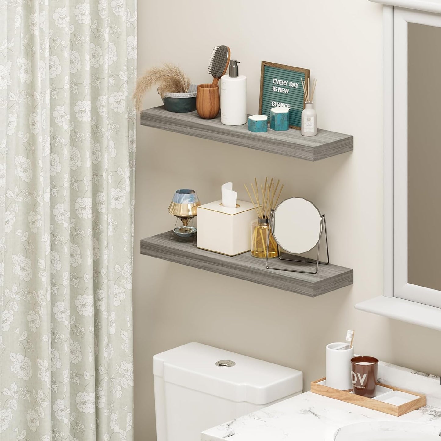 BAMEOS Floating Shelf,Wall Shelf,Decor Wall Mounted Shelves,Hanging Shelf Set L24xW6 for Bathroom Kitchen Living,Kitchen,Room Bedroom Storage,Walnut