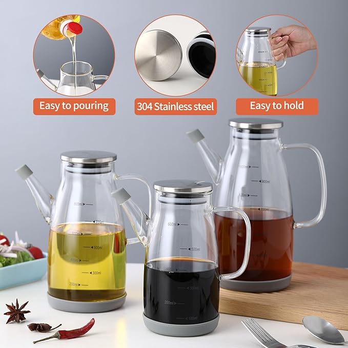 Large Glass Oil Dispenser Bottle for Kitchen Cooking Recipiente Para Aceite De Cocina Olive Oil Vinegar Dispenser Cruet Stainless Steel Lid No Drip Liquid Container (Clear, 20oz / 600ml)