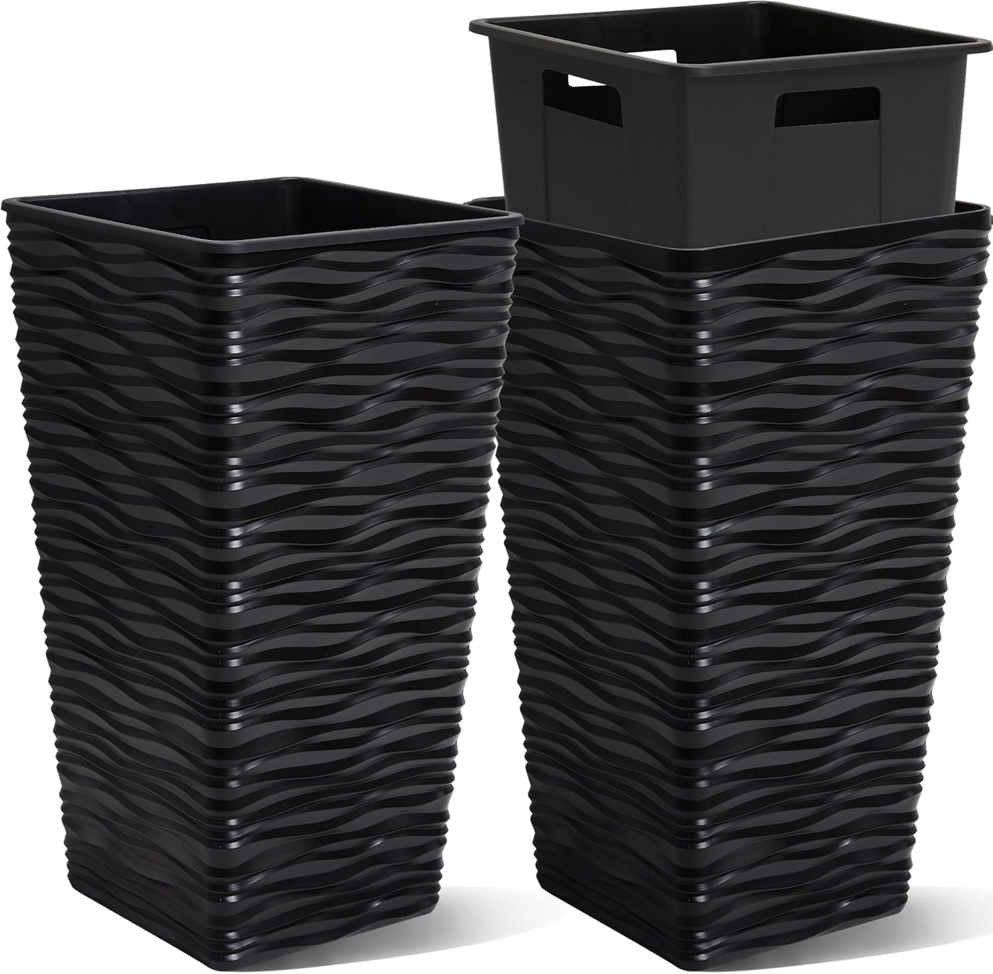 Worth Garden 2-Pack 22" H. Black Square Tapered Planter with Inside Pots - Plastic Plant Pots for Indoor Outdoor - Modern Wavy Finish Decorative Flower Pots for Front Porch Containers Patio Deck
