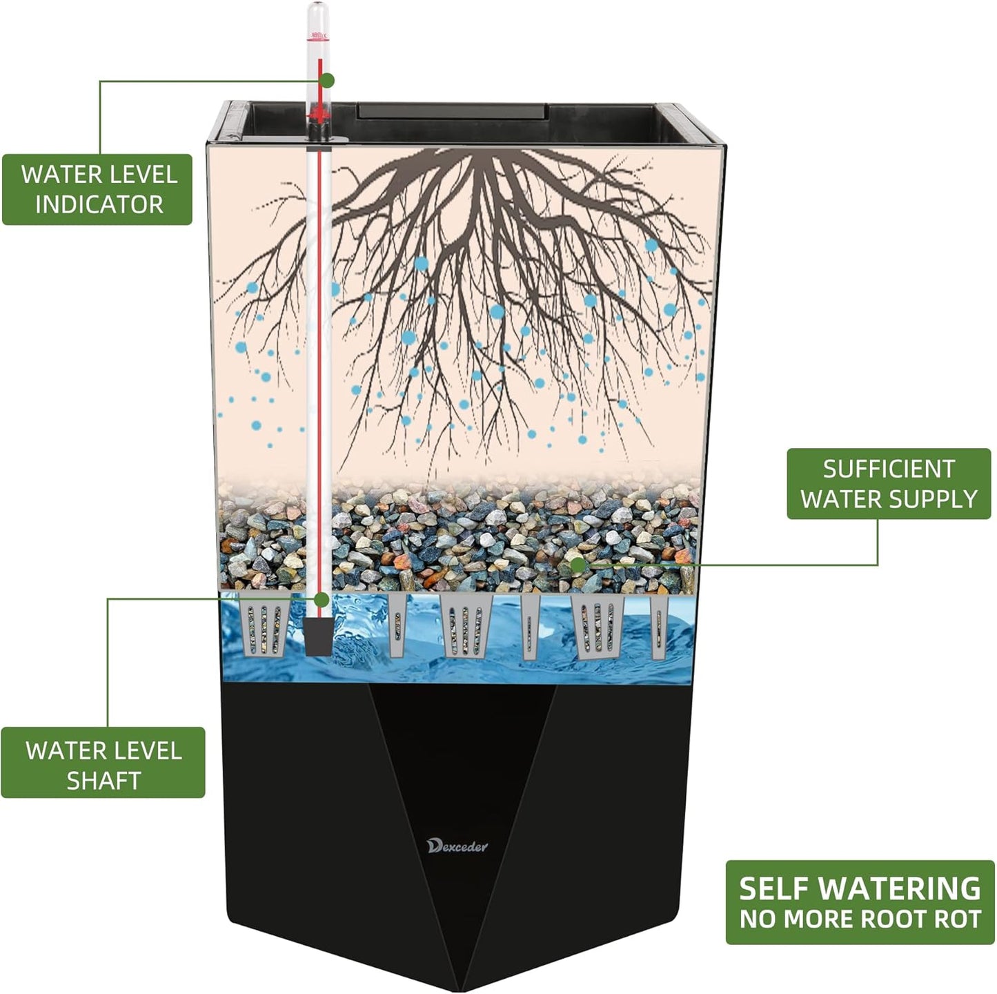 Dexceder 20 Inches Tall Self Watering Planter Diamond High Gloss Indoor Outdoor, Thickened Rhombus Large Floor Standing Flower Plant Pot with Water Level Indicator (Black)