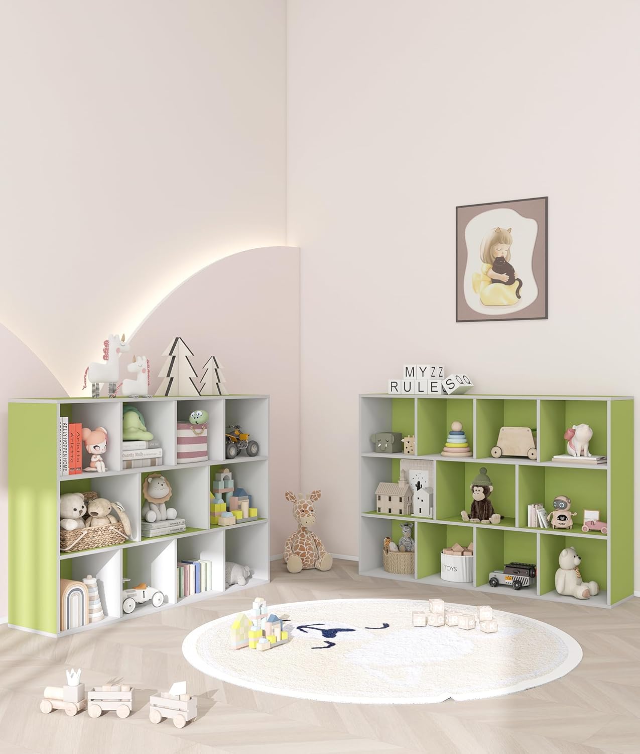 11 Cube Small Kids Bookshelf & Toy Organizer – Wooden Cube Bookcase for Playroom Organization and Storage, Book Storage for Kids Room, Baby Bookshelf for Nursery, Green/White