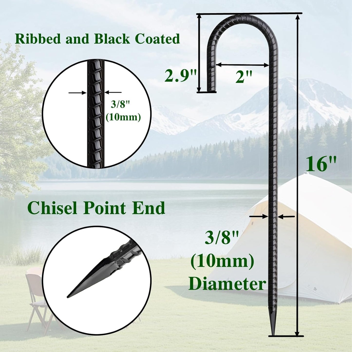 Rebar Stakes 16 Inch 20 Pack J Hook Ground Stakes Heavy Duty Tent Stakes Chain Link Fence Stakes with Chisel Point End Galvanized Steel Ground Anchors Metal Spikes Black Coated