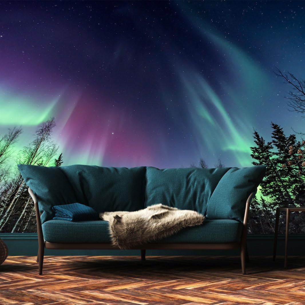 Wall Mural Multicolored Aurora Borealis Forest Night Wallpaper for Bedroom Living Room (Not Peel n' Stick)