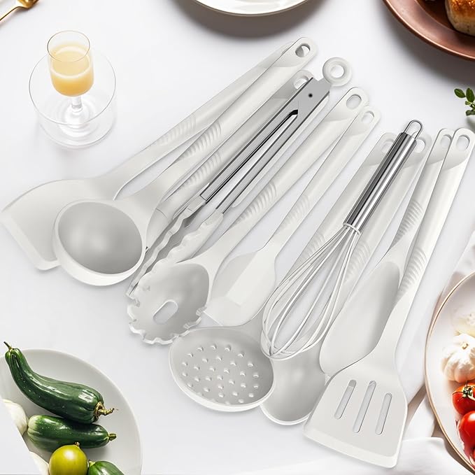 Silicone Cooking Utensils Set - 600°F Heat Resistant, Nonstick Kitchen Utensil Set with Spatulas, Spoons, Whisk, Tongs, BPA Free, Dishwasher Safe, Cream White