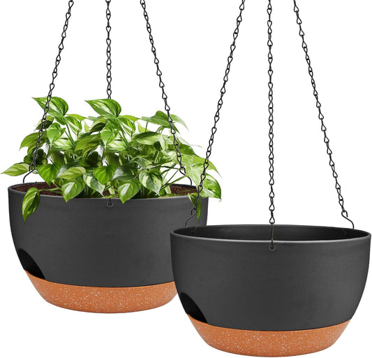 Hanging Planters for Outdoor Indoor Plants, 2 Pack 12 Inch Hanging Basket Plants Outdoor, Self Watering Hanging Planter with Plant Hanger for Garden Home Decoration (Black)