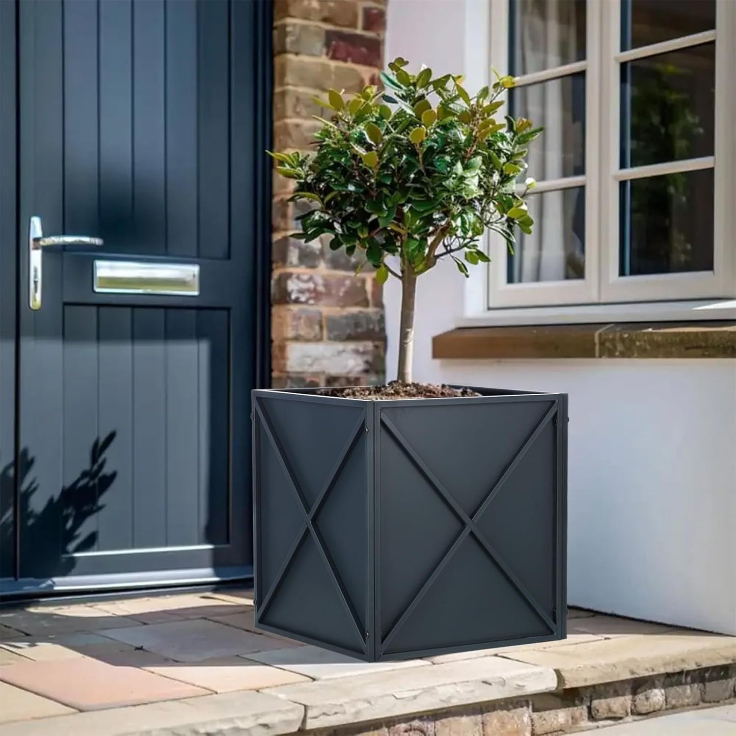 SUNNYPARK Large Metal Planter Box 17”x 17”x 18”, Square Modern Grey Metal Planter Box Heavy Duty with Drainage Holes for Outdoor Garden Patio