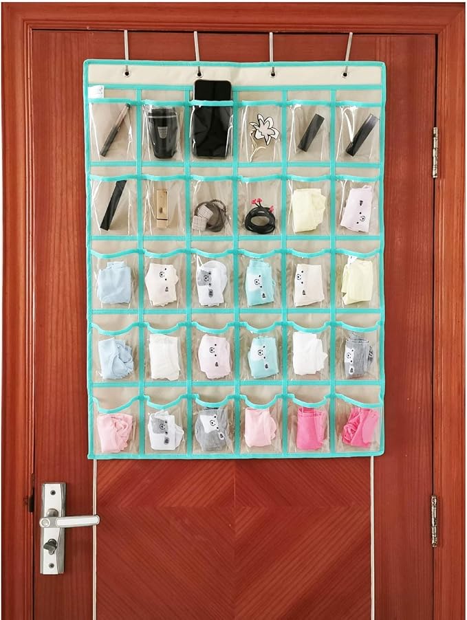 Classroom Pocket Chart for Phone Calculator Holder Over The Door Hanging Closet Jewelry Organizer with 30 Clear Pockets (BEIGE)