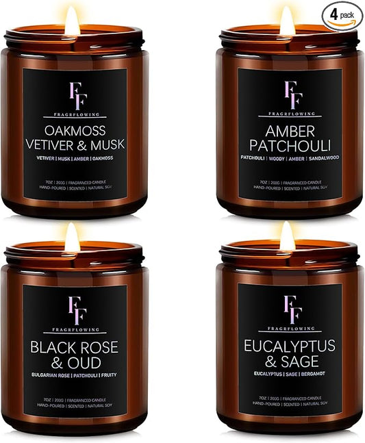 Scented Candles Set, Candles for Home Scented Soy Wax Candle, 4 Pack 28 Oz Aromatherapy Candles Gift Set for Women Men (Patchouli/Vetiver/Sage/Rose)