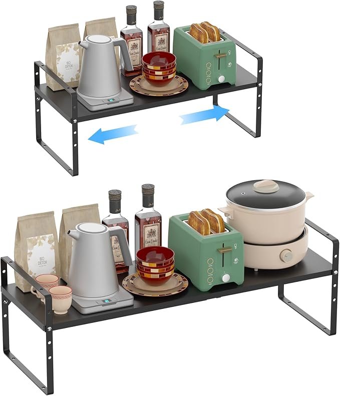 iPEGTOP Expandable Cabinet Storage Shelf Organizer Rack, Heavy Duty Steel Metal Spice Rack Adjustable Height Home Office Garage Pantry Shelf Space Riser for Counter Kitchen Organization, Black, 3 Pack