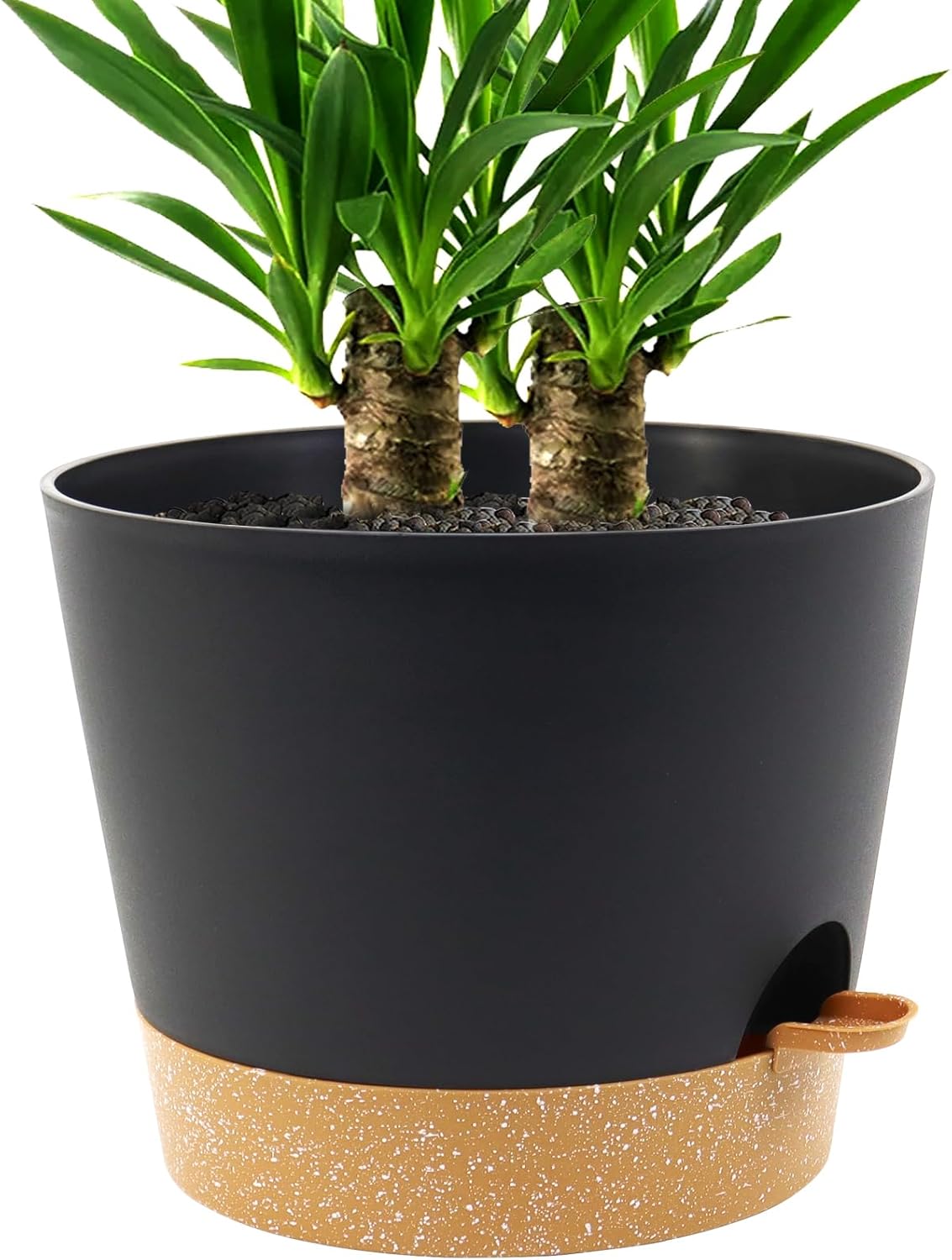 Self Watering Pots for Indoor Plants,12 inch Planters with Drainage Holes Plastic Flower Pots with Deep Reservoir, Black with Brown