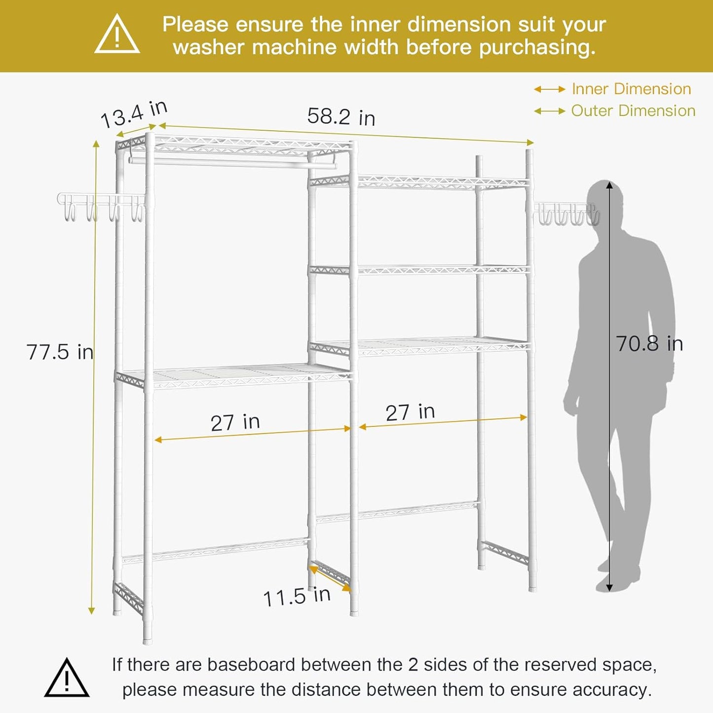 Ulif U5 Over the Washer and Dryer Storage Shelf, Laundry Room Space Saver Bathroom Storage and Organizer Rack for Hanging Towels and Drying Clothes with 5 Wire Shelves, 58.2"W x 13.4"D x 77.5"H, White
