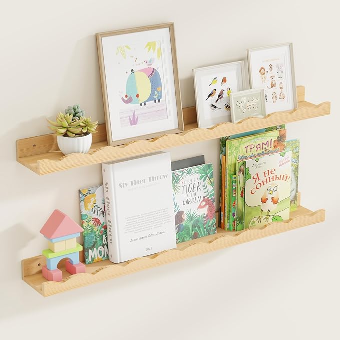 Fun Memories Picture Ledge Shelf for Wall, 36 inch Pine Wood Nursery Book Shelves Set of 2- Wall Book Shelves for Kids Room, Home Decor - Kitchen Spice-Natural