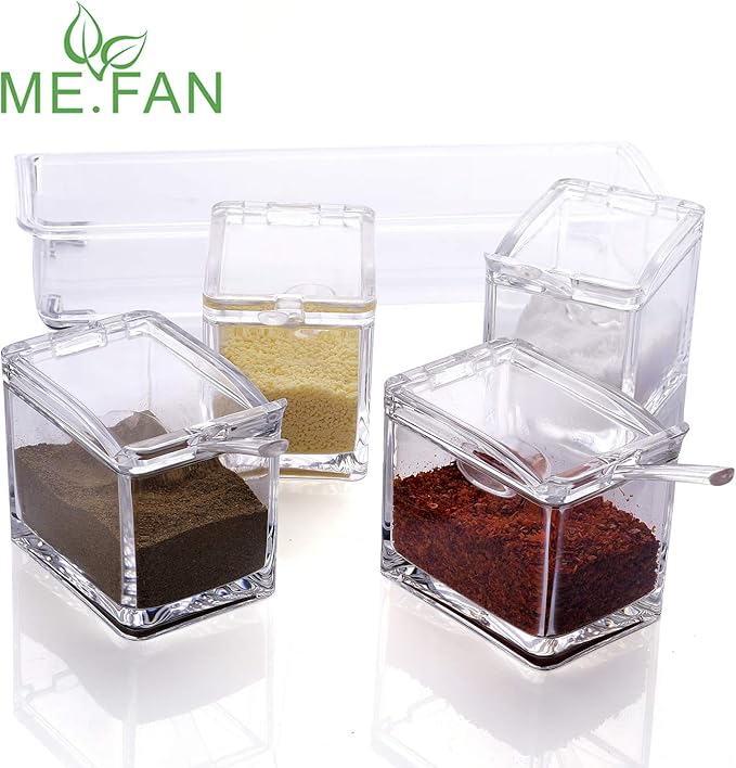 ME.FAN Clear Seasoning Rack Spice Pots - 4 Piece Acrylic Seasoning Box - Storage Container Condiment Jars - Cruet with Cover and Spoon