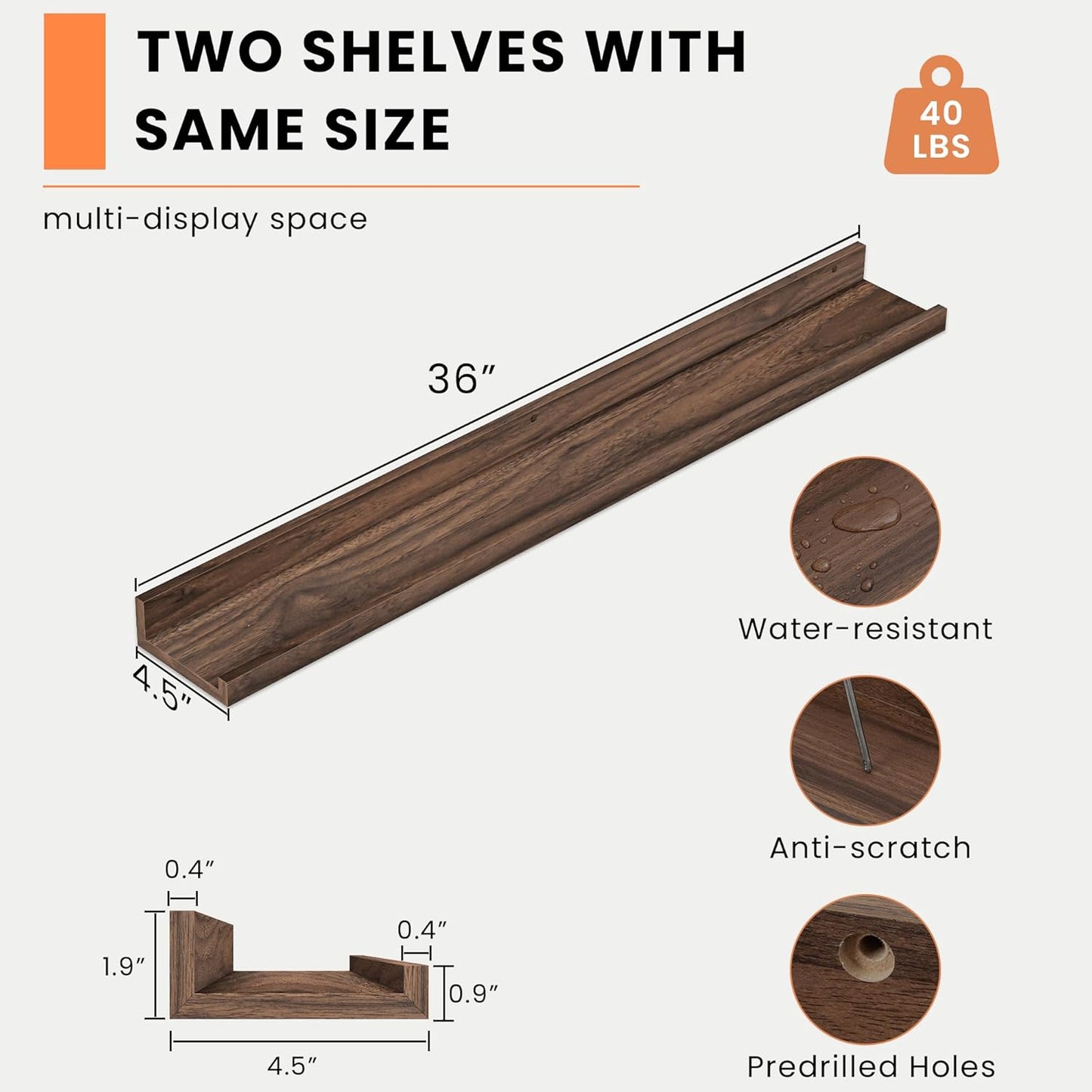 Heimlove Picture Ledge Shelf, Floating Shelves Set of 2, 36 Inches Picture Shelf for Wall with Ledge, Kids Bookshelf Wall Mounted for Living Room Bedroom Decor Books Photo Frames - Walnut