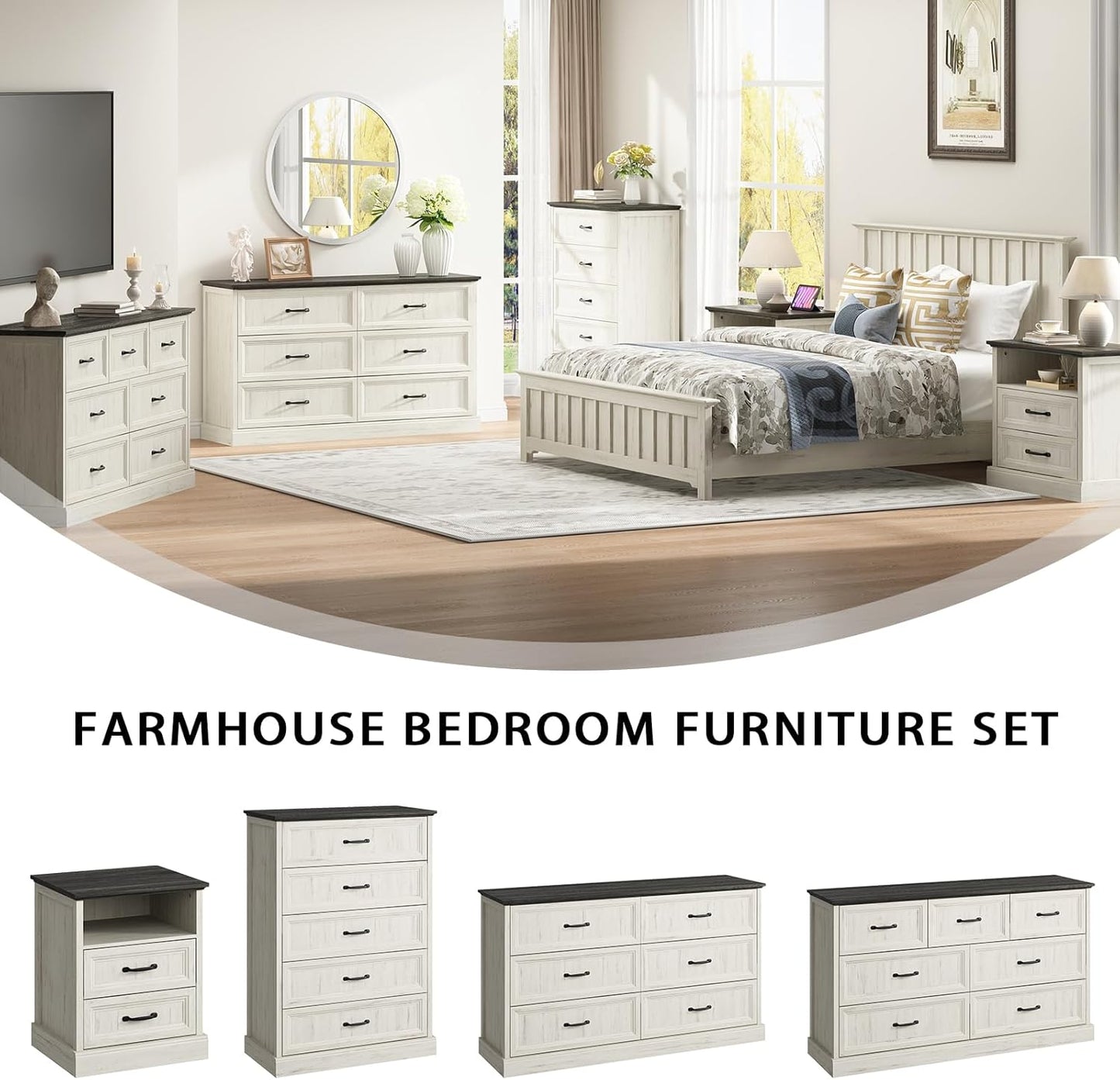 Farmhouse 6 Drawer Dresser for Bedroom, 55 Inch Wide Modern White Dresser TV Stand with Large Drawers & Bar Handles, Rustic Wood Chest of Drawers for Bedroom, Living Room, Hallway, Entryway.