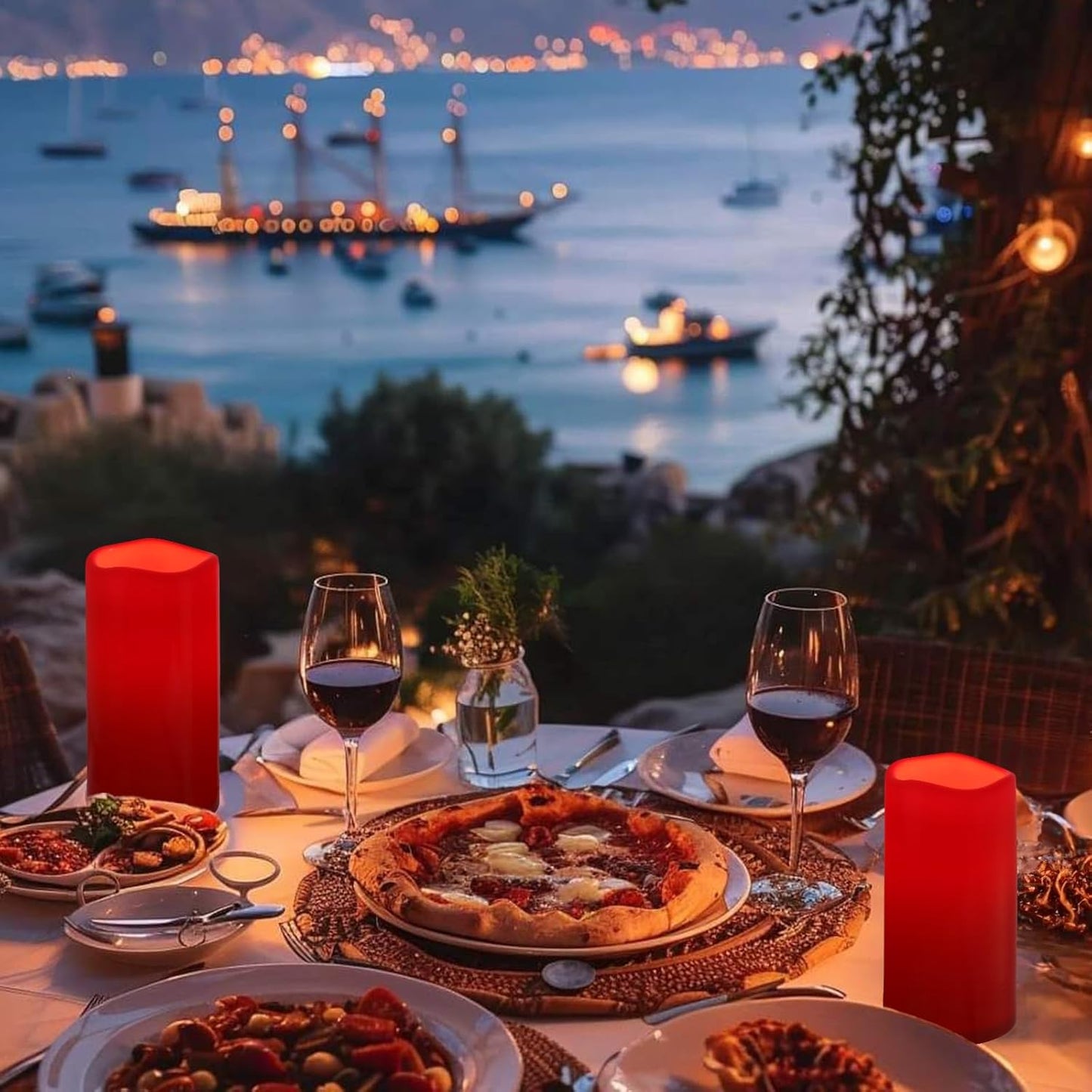 NURADA 8" x 4" Large Outdoor Flameless Candles - Waterproof LED Pillar Flickering Candle Battery Operated with Timer Remote Control for Patio Porch Christmas Decor - 2 Pack Red