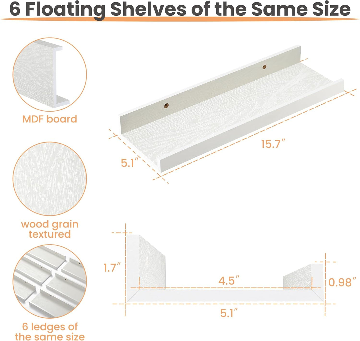 upsimples Floating Shelves for Wall, Wall Shelves for Decor Storage Set of 6, Wall Mounted Wood Shelf for Bedroom, Living Room, Bathroom, Kitchen, Picture Ledge Shelf, White