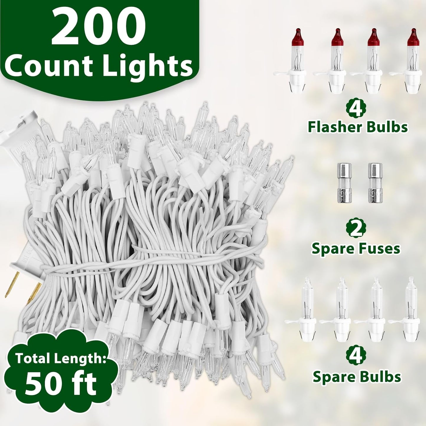 Clear Christmas Lights 50FT 200 Incandescent Bulbs Warm White Mini Lights with White Wire for Christmas Tree, Garland, Thanksgiving, Wedding, Party, Home, Indoor & Outdoor Festival Decoration