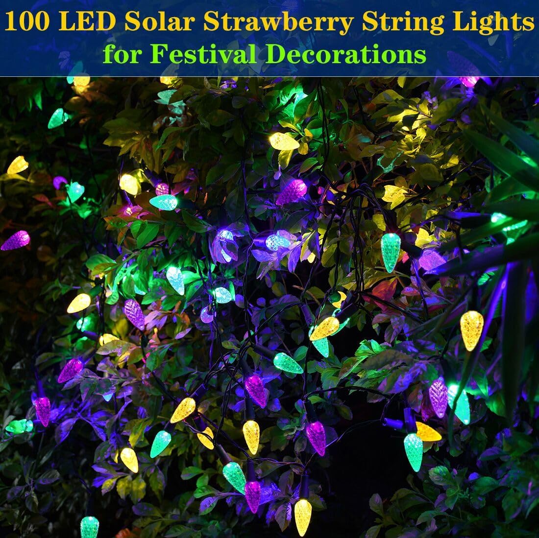 Solar Halloween Lights Christmas Lights C6 Strawberry String Lights Mardi Gras String Lights, 100 LED 8 Modes Waterproof Outdoor Use for Mardi Gras Christmas Tree Camping Balcony Halloween Party Decor