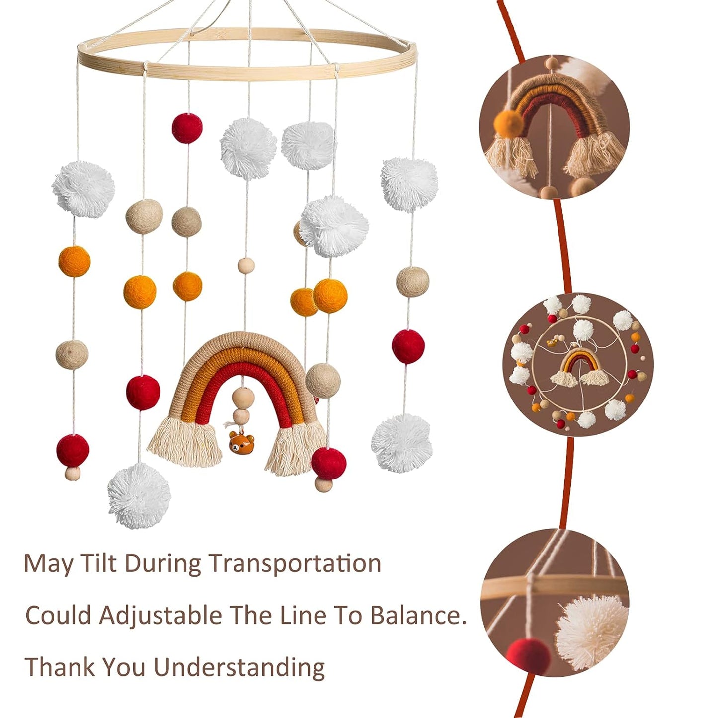 Baby Crib Mobile,Crib Mobile Wooden Mobile with Colorful Cotton Ball Wool Felt Ball Boho Baby Mobile Bassinet Mobile for Crib,Mobile for Baby Nursery and Ceiling Decoration