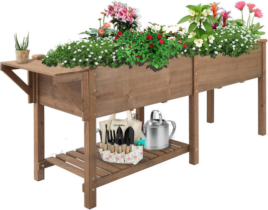 Raised Garden Bed with Legs Outdoor,Elevated Garden Box,Storage Shelf, Protective Liner for Backyard,Patio,Balcony,80x23x30in (Brown)