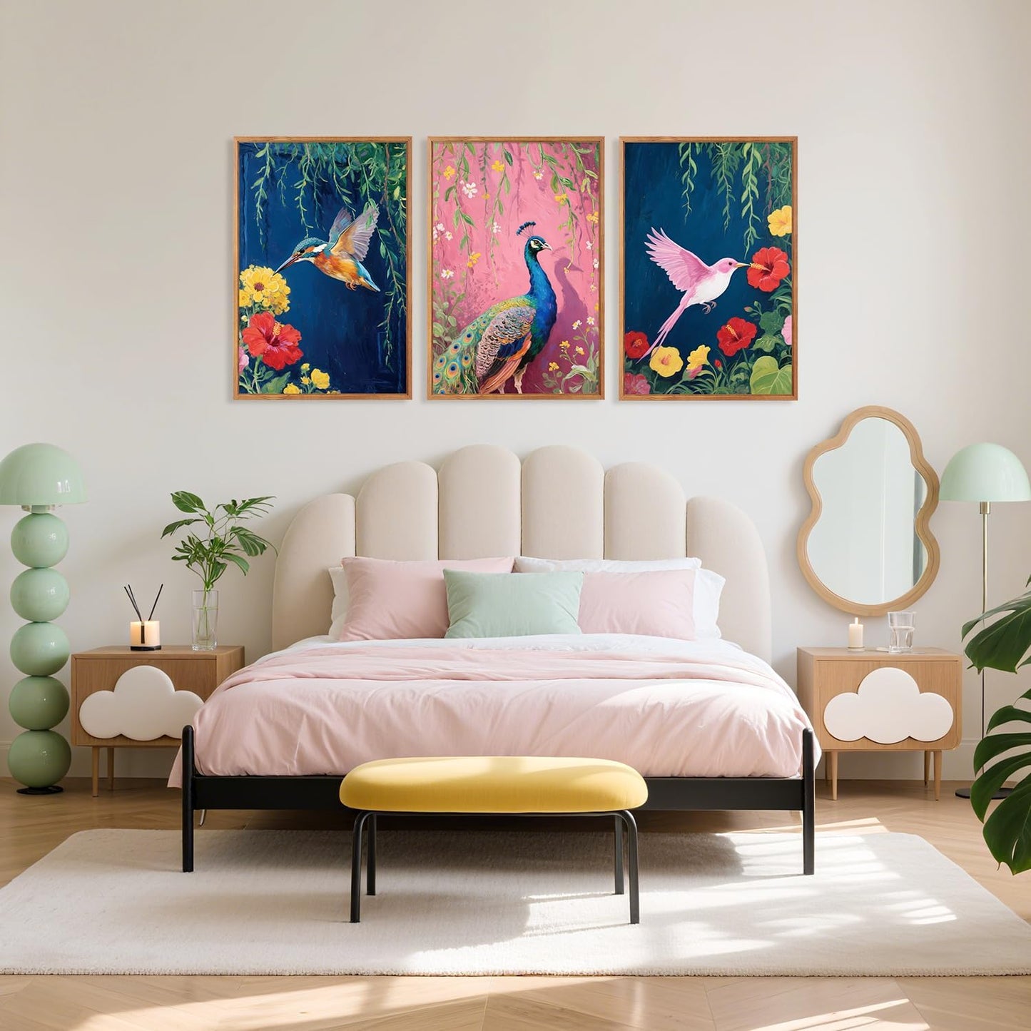 Aurlan Colorful Birds Flowers Framed Wall Art(16"x24"), 3PCS Large Classic Elegance Hummingbird Peacock Canvas Artwork, Vintage Abstract Watercolor Peony Floral Willow Decor for Home Office Bedroom