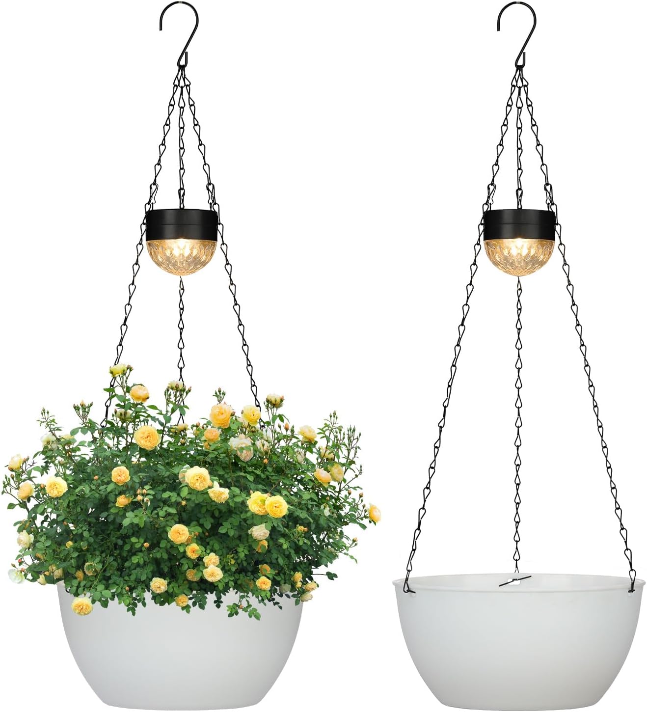2 Packs Hanging Planters Basket for Outdoor Plants, Solar Powered Self Watering White Round Plastic Flower Pots with Drainer for Balcony Patio Garden Outdoor Decoration
