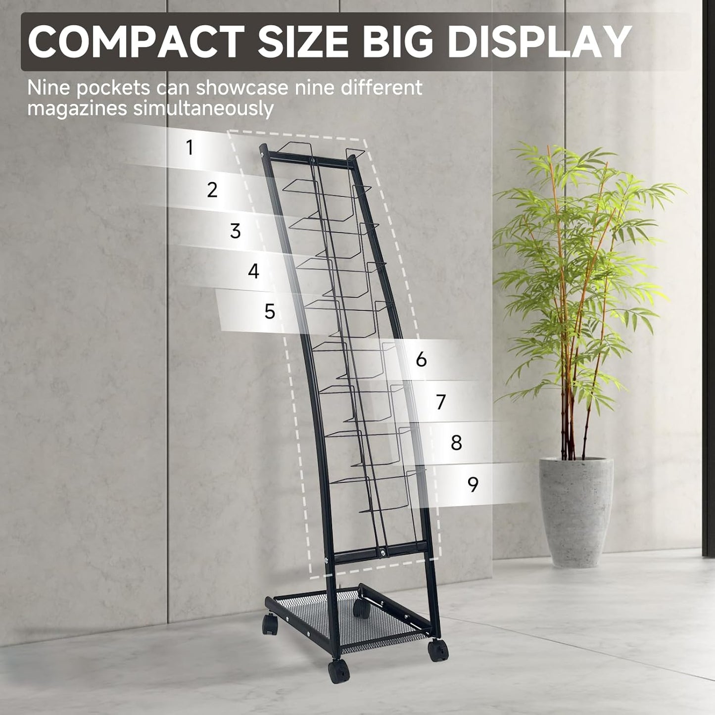 tongmo Magazine Rack: Floor-Standing with Wheels, 9-Tier Brochure Display Stand for Exhibitions, Office, and Any Organization Requiring Information Display