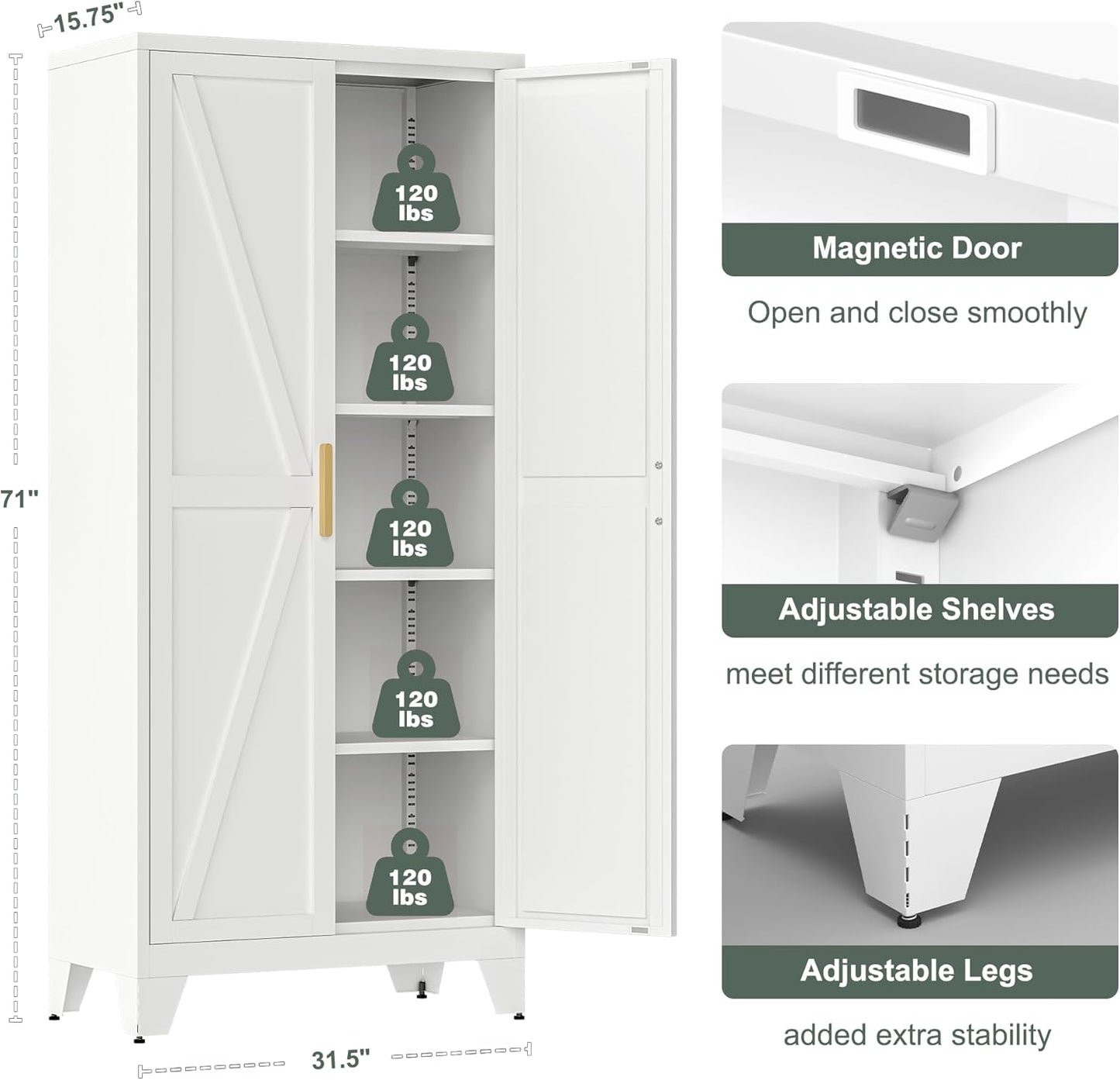 71'' Farmhouse Metal Storage Cabinet with Barn Doors,Steel File Cabinet for Home Office,Kitchen Pantry 4 Adjustable Shelves,Freestanding Cupboard for Kitchen,for Home Office,School (White)