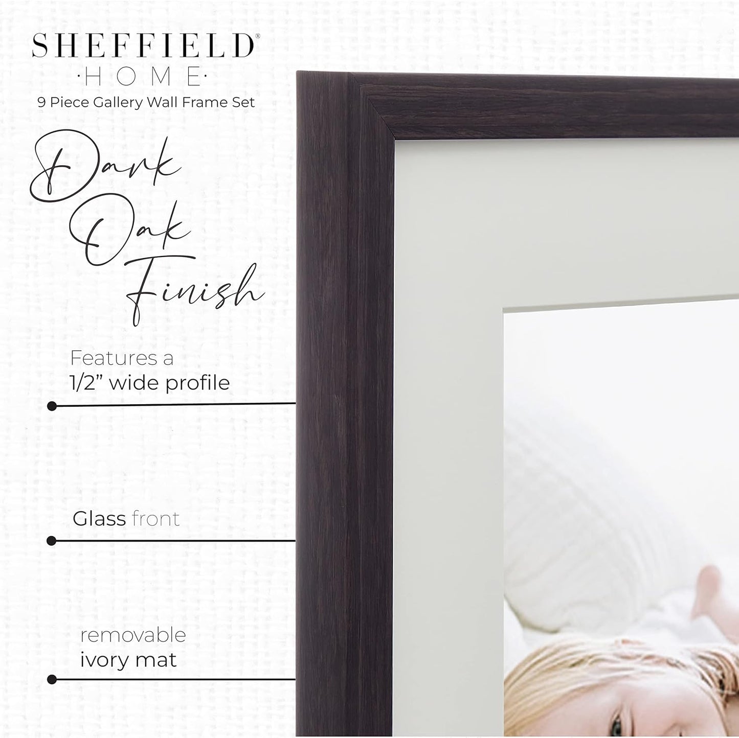 Sheffield Home 9 Piece Gallery Wall Frame Set, 12x12 Inch, Dark Oak