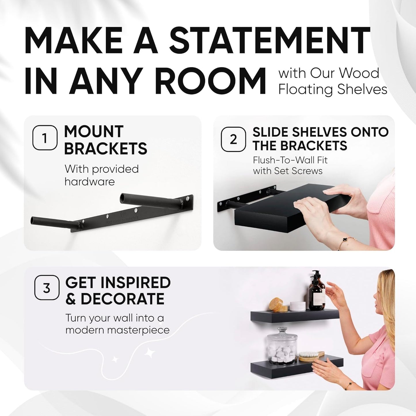 Homeforia Black Floating Shelves 30 inches Long, High End Solid Real Wood 30 inch Floating Shelf for Wall Mounted, Black Wooden 30in Floating Shelves, Heavy Duty Bracket, 30 X 6.5 X 1.75 in, Set of 2