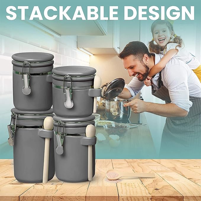 Home Intuition 4-Piece Ceramic Kitchen Canisters Set, Airtight Containers with Wooden Spoons Reusable Chalk Labels and Marker for Sugar, Coffee, Flour, Tea (Grey)