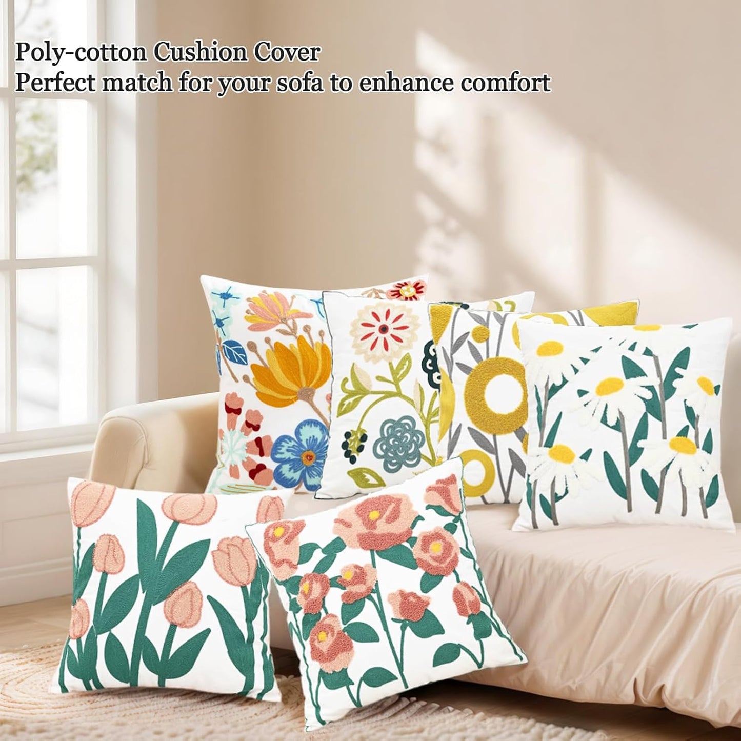 Embroidered Cushion Cover Wild Floral Throw Pillow Cover Jacquard Decorative Pillowcase for Living Bedroom Room Couch White Daisy