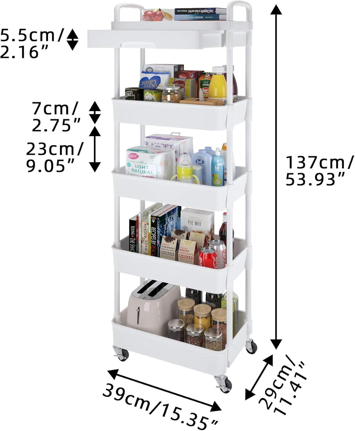 Calmootey 5-Tier Rolling Utility Cart with Drawer,Multifunctional Storage Organizer with Plastic Shelf & Metal Wheels,Storage Cart for Kitchen,Bathroom,Living Room,Office,White
