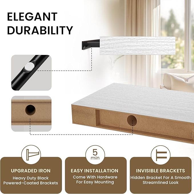 Square Floating Shelves for Wall, 12" W x 12" D x 1.2" H, Small Wooden Wall Mounted Display Shelves with Invisible Brackets for Living Room, Bedroom, Bathroom, Kitchen Decor, Set of 3, White