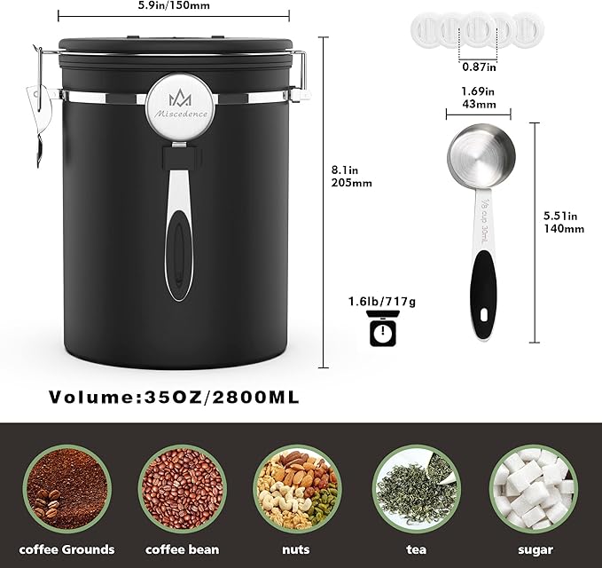 35OZ Coffee Canister for ground coffee with Date Tracker,One Way Co2 Valve 304 Stainless Steel Kitchen Food Airtight storage container for Coffee Beans or Grounds, Sugar Black
