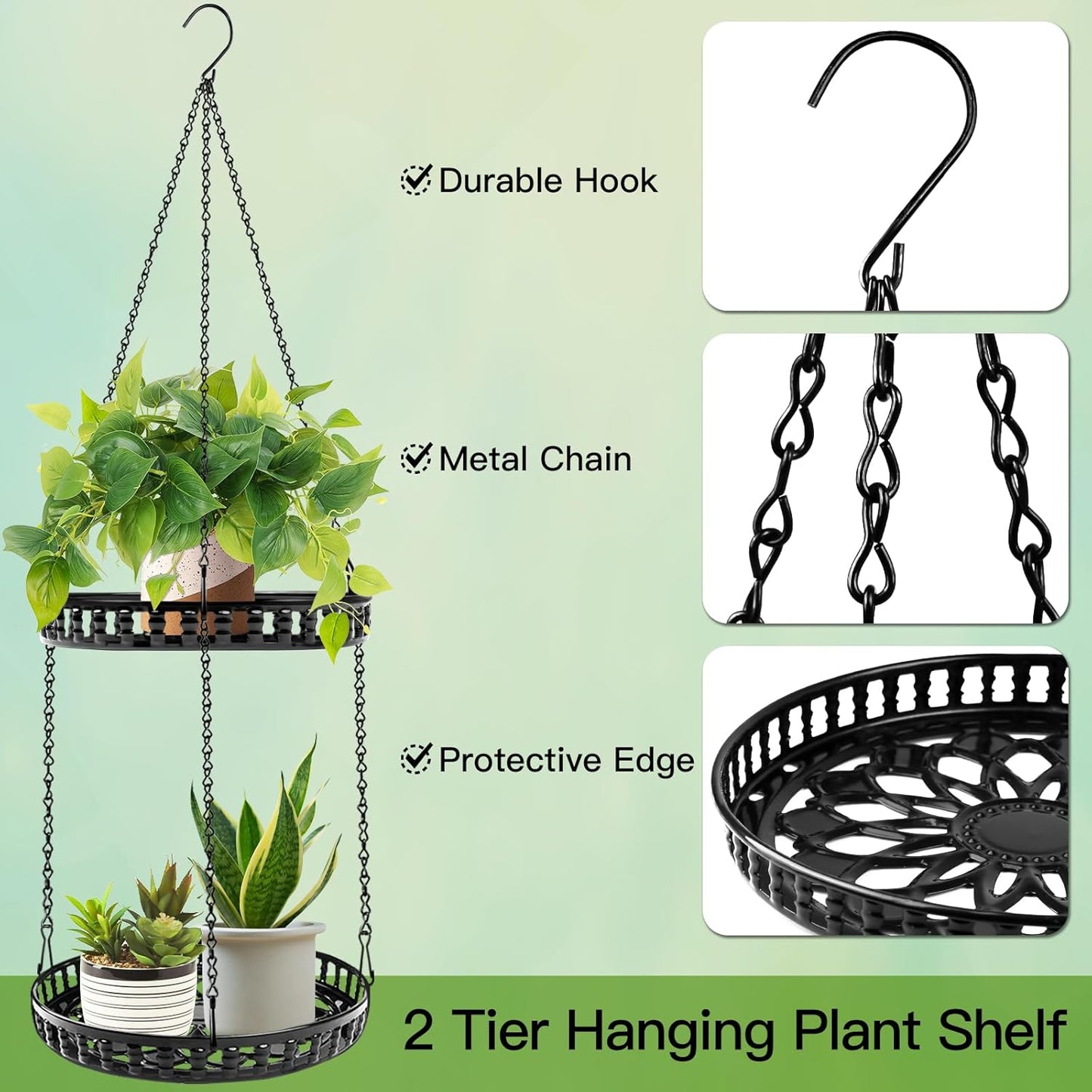 Plant Hanger Indoor Outdoor, 2 Tier Hanging Planter Plant Shelf, Metal Hanging Plants Holder for Indoor Outdoor Plants